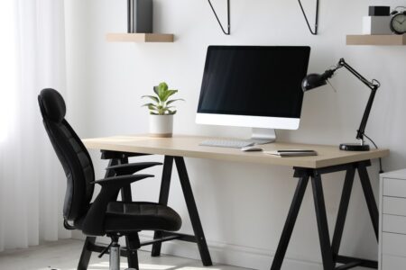 Zona de estudio con escritorio y silla de oficina