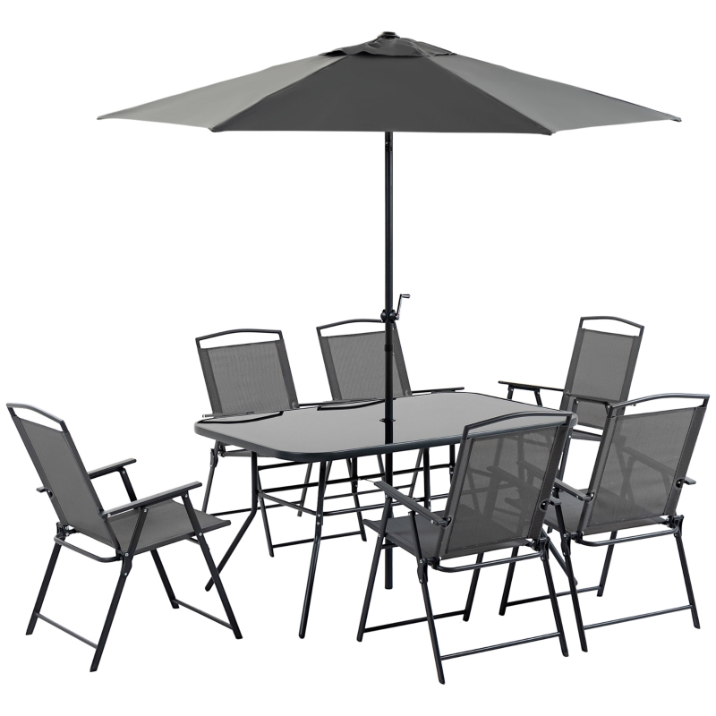 Conjunto de muebles de jardín de ocho piezas, compuesto por 6 sillas plegables, una mesa de comedor de vidrio y una sombrill inclinable