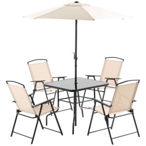 onjunto de Muebles de Jardín Outsunny compuesto por 4 sillas plegables, una mesa de comedor de vidrio y una sombrilla inclinable