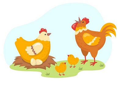 Un gallo y una gallina con un pollito de dibujos animados