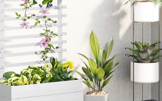 terraza con una jardinera, macetas y soporte para plantas