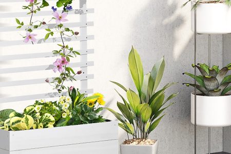 terraza con una jardinera, macetas y soporte para plantas