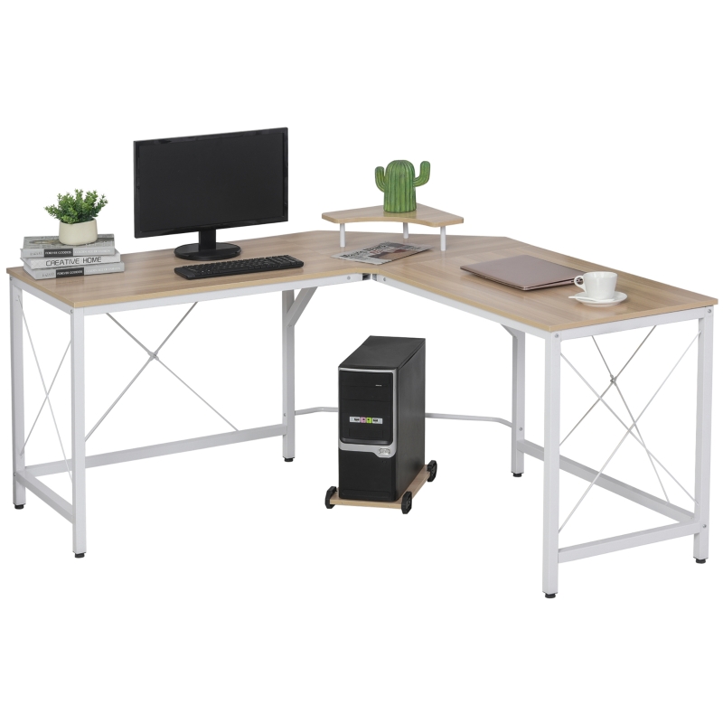Mesa de escritorio HOMCOM en forma de L con soporte para monitor con estante independiente en color madera y blanco