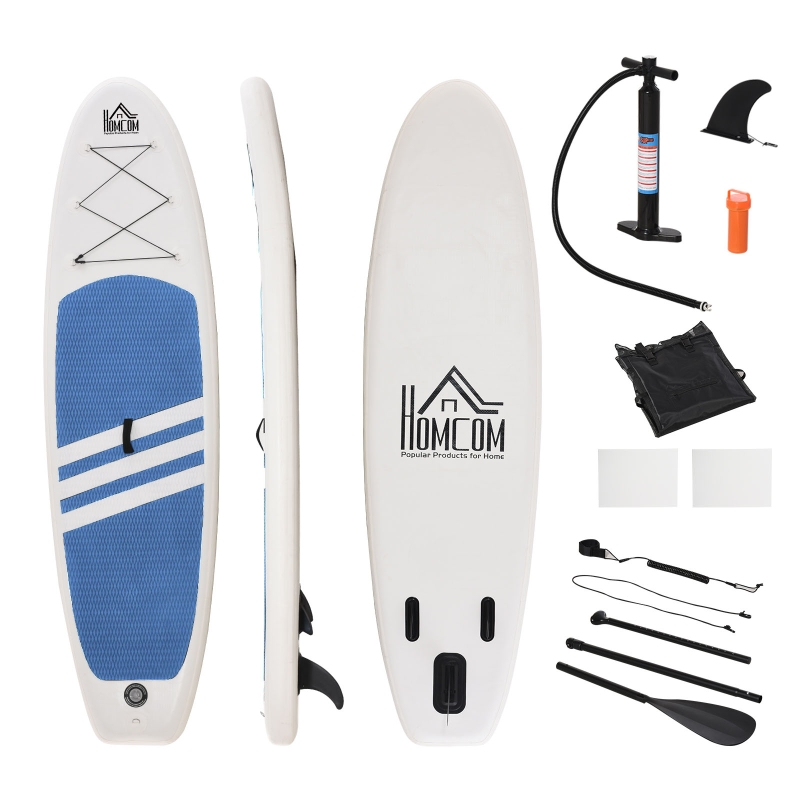 Tabla de paddle surf hinchable HOMCOM con remo de aluminio ajustable desmontable, cubierta y antideslizante, con accesorios completos y con carga de Máx. 120 kg de color azul y blanco