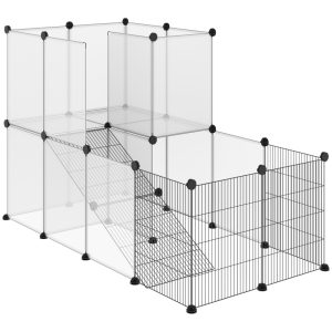 Valla para animales pequeños PawHut DIY con 21 paneles de resina y 6 paneles de alambre estilo jaula modular de plástico con medidas 140x70x90 cm de estilo translúcido y color negro