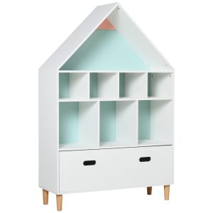 Estantería estilo librería de madera infantil HOMCOM con forma de casa para niños compuesto por 8 compartimentos abiertos y un cajón de 2 colores con medidas 82x30x126 cm de color blanco