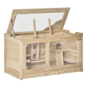 Jaula de madera PawHut para hámster, ratones o roedores con 2 escondites de techo abatible con bandeja extraíble y múltiples plataformas, rampa y columpios con medidas 78x40x44 cm en tono natural