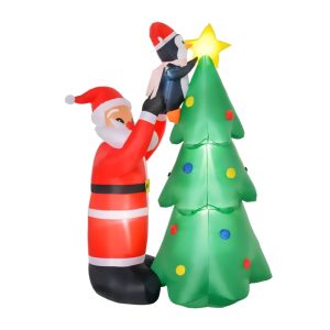 Árbol de Navidad inflable HOMCOM de 184 cm compuesto por luces LED, Papá Noel y pingüino, para decoración navideña para fiestas de interiores o exteriores, con medidas 123x80x184 cm multicolor