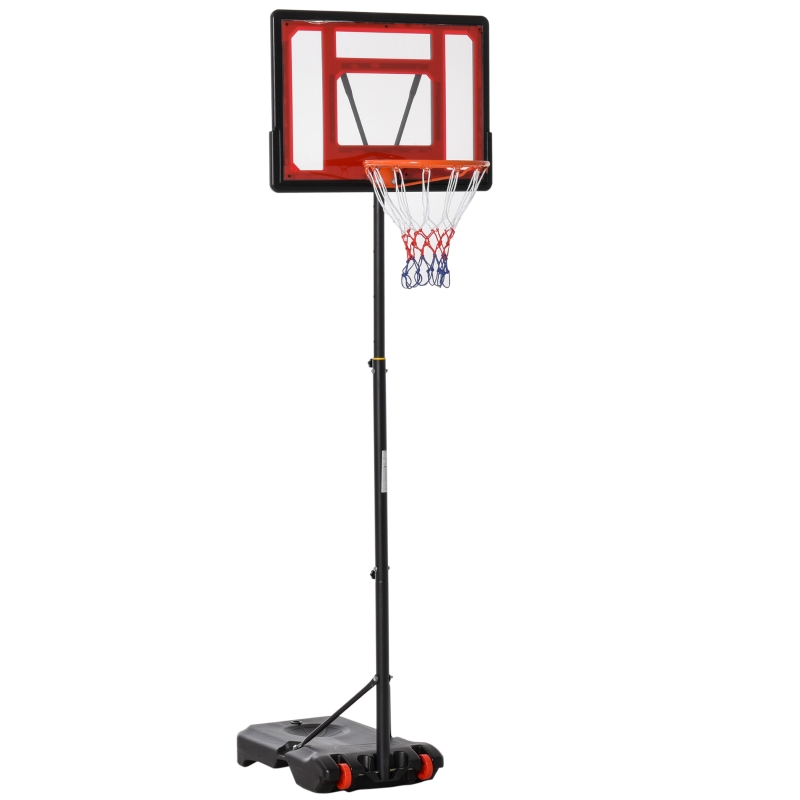 Canasta de baloncesto HOMCOM ajustable de 205-261 cm compuesto por aro, soporte de acero, base rellenable y 2 ruedas rellenables de color rojo y negro