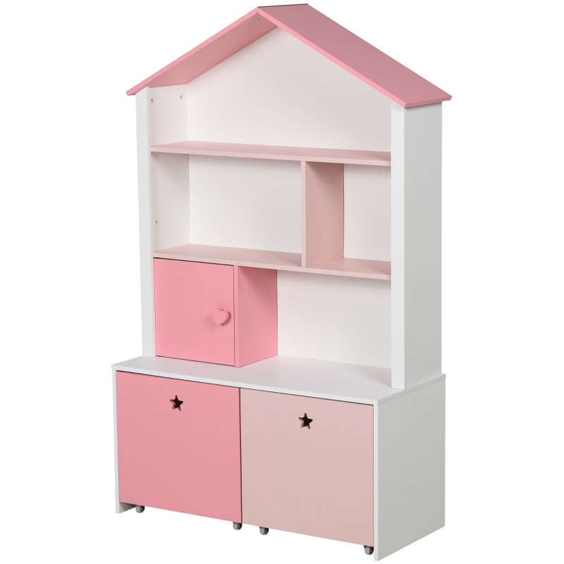 Estantería de madera infantil HOMCOM estilo librería para niños compuesta por 4 compartimentos, 1 puerta y 2 cajones extraíbles con ruedas para libros y juguetes, con medidas 80x34x130 de color rosa y blanco