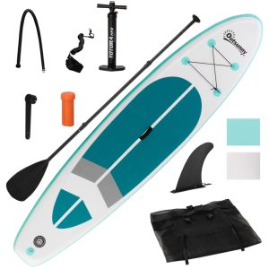 Tabla de paddle surf Outsunny hinchable y plegable con medidas 320x76x15 cm con bolsa de transporte y accesorios completos de color blanco y turquesa