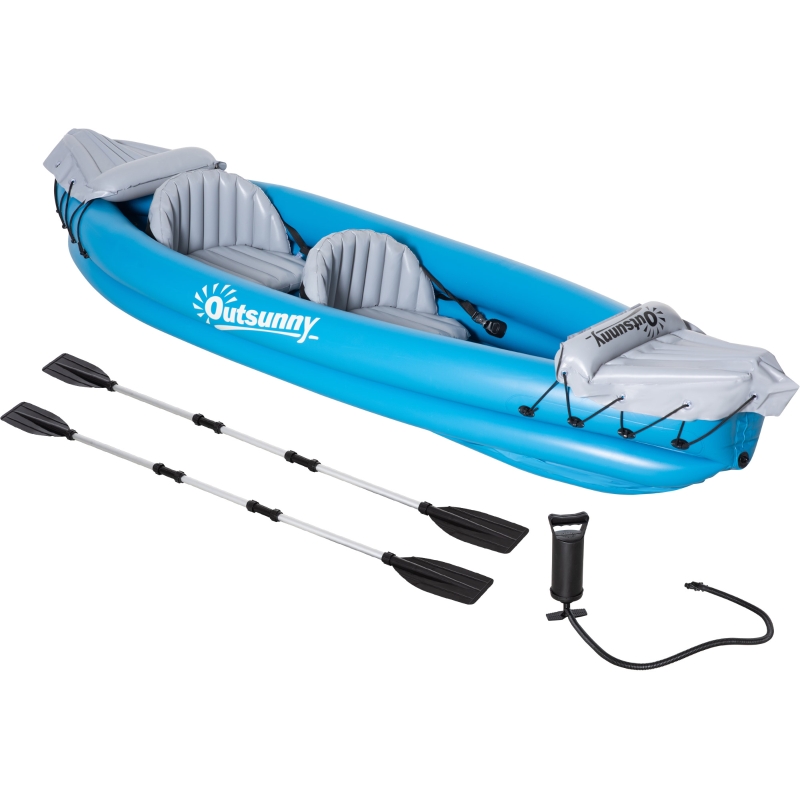Kayak hinchable para 2 personas Outsunny de PVC compuesto por 2 asientos, 2 remos de bomba y 1 kit de reparación con medidas 330x105x50 cm de color azul