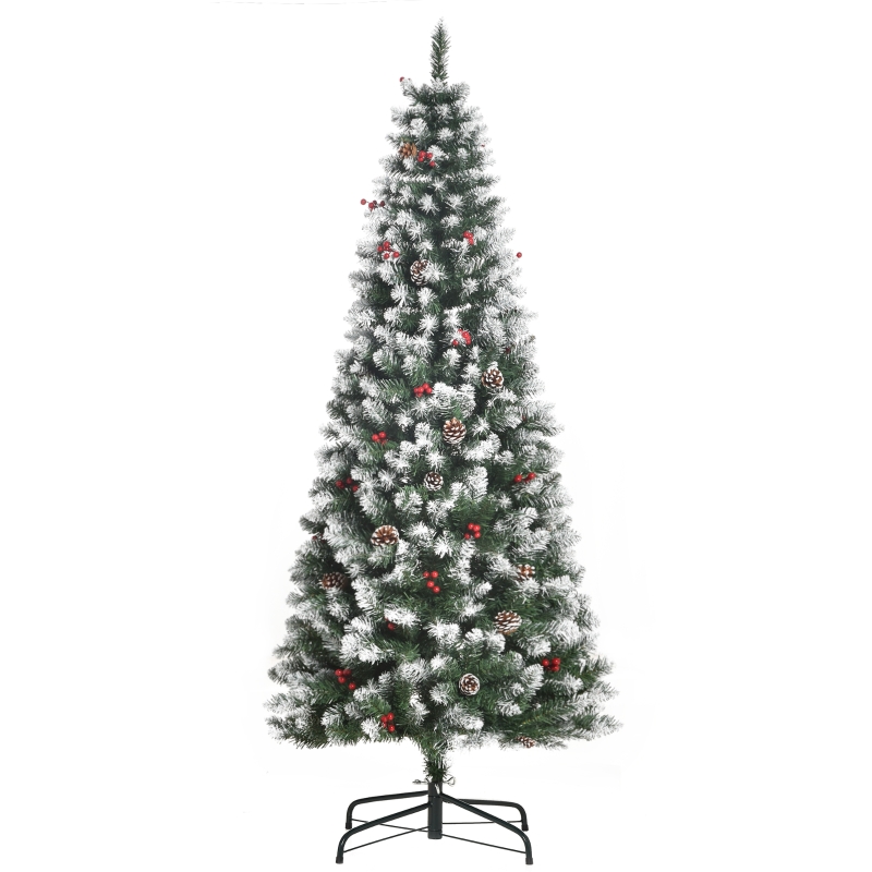 Árbol de Navidad artificial HOMCOM de 180cm compuesto por 618 ramas, con bayas y piñas, con puntas nevadas para decoración navideña de interior con color verde