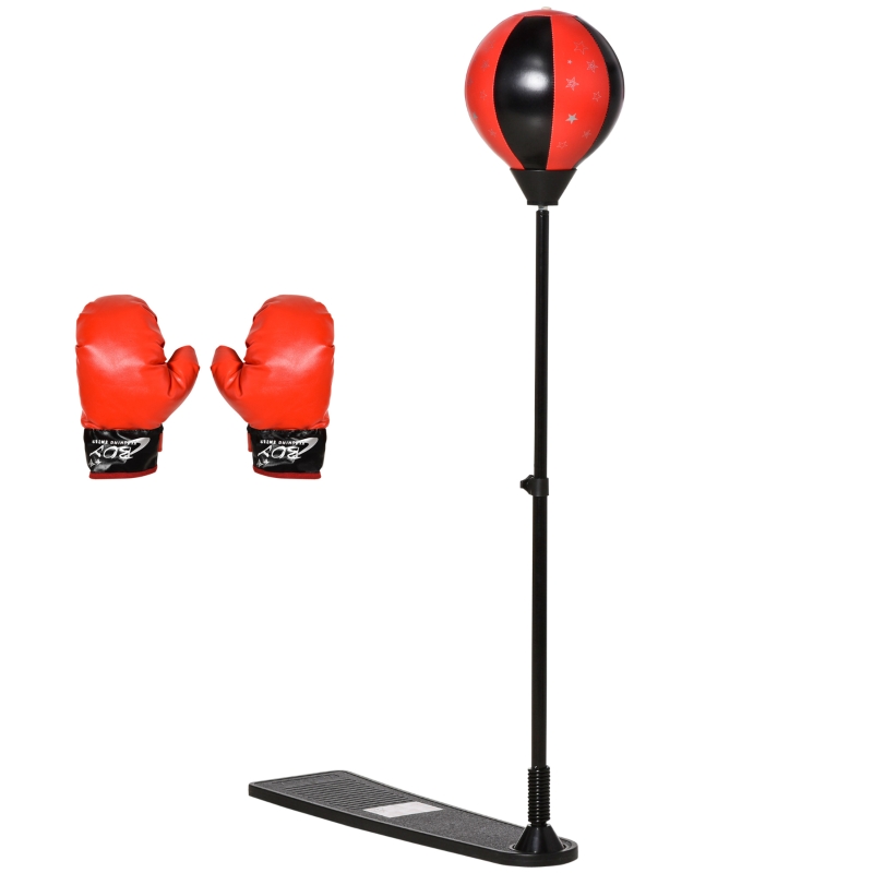Saco de boxeo para niños de +3 años HOMCOM con altura ajustable, guantes, inflador y soporte de metal con base tipo pedal. con medidas 68x18,5x86-125 cm en color rojo y negro