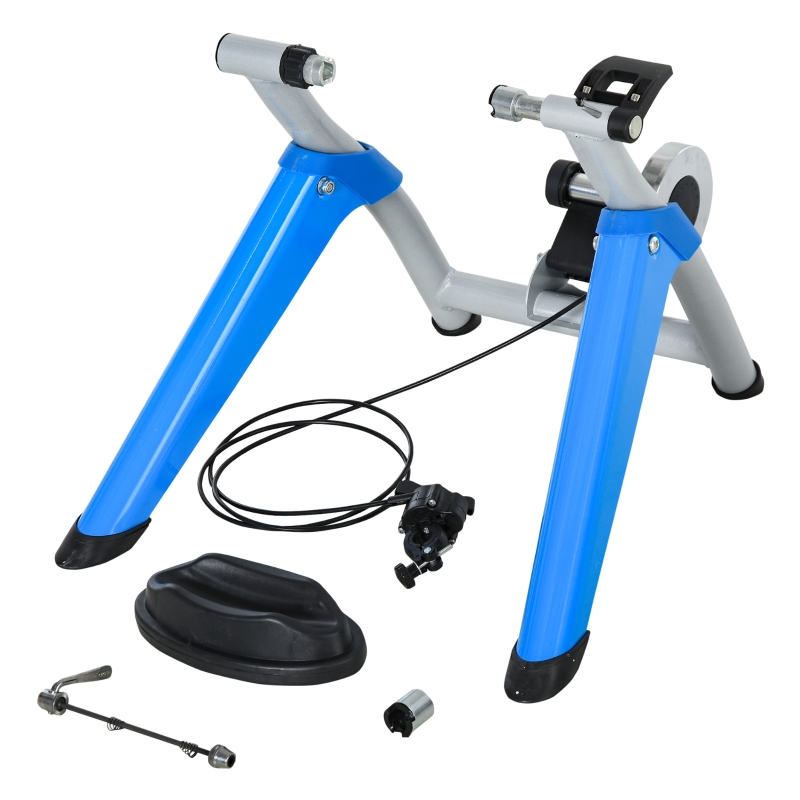 Rodillo de bicicleta HOMCOM entrenador de bicicleta plegable portátil con resistencia magnética ajustable de 8 niveles con medidas de 77x56x47,5 cm en color azul