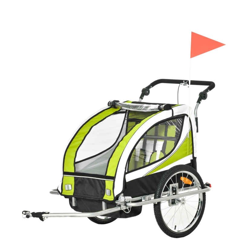 Remolque para bicicleta tipo carro HOMCOM con barra de paseo para niños de 2 plazas con rueda delantera giratoria 360° y asiento acolchado carga máx. 40kg en color verde