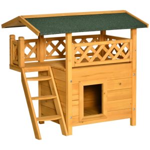 Caseta para gatos de madera PawHut con medidas 77x50x73 cm casa para gatos con 2 niveles con techo asfáltico terraza vallada cueva y escalera para interior y exterior natural