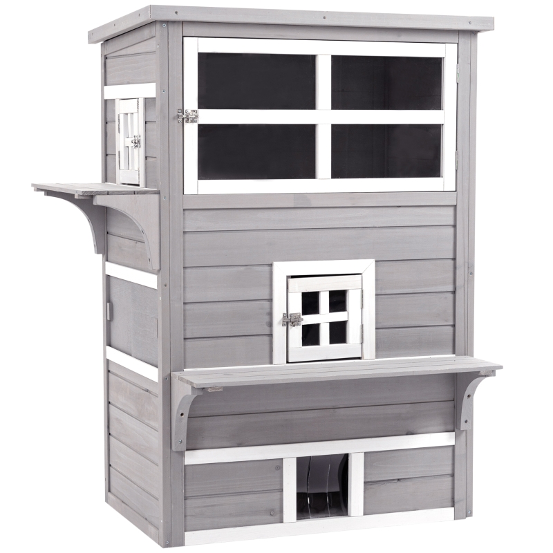 Caseta para gatos de madera exterior PawHut estilo casa grande para gatos de 3 pisos con múltiples entradas ventanas y 2 plataformas para terraza balcón jardín con medidas 98x68,5x122 cm en color gris