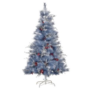 Árbol de Navidad artificial HOMCOM de 150 cm, compuesto por 222 ramas ignífugas con 36 sets de bayas decorativas y hojas plateadas, con base plegable y soporte de metal de color gris