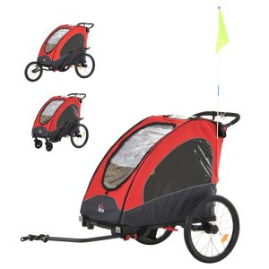Remolque infantil 3en1 para bicicleta HOMCOM de 2 plazas para niños de +6 meses plegable con ruedas giratorias y manillar ajustable, con medidas de 150x85x107 cm en color rojo