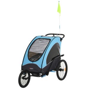 Remolque infantil 3en1 para bicicleta HOMCOM de 2 plazas para niños de +6 meses plegable con ruedas giratorias y manillar ajustable con medidas 150x85x107 cm en color azul