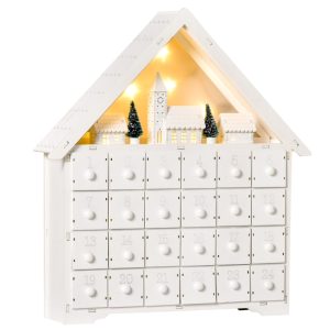 calendario de adviento, HOMCOM Calendario de Adviento Navidad Madera con 24 Cajones Luces LED 39x9x42 cm Blanco