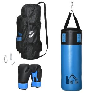 Saco de boxeo profesional HOMCOM con guantes de 8 oz gancho y bolsa de almacenaje, saco de arena de entrenamiento para adultos y adolescentes con medidas de ø25x102 cm y en color azul