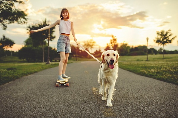niña paseando en patinete junto a su perro