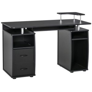 HOMCOM Mesa de Ordenador PC 120 cm Mesa Escritorio de Oficina con Múltiples Estantes 2 Cajones Bandeja de Teclado y Soportes para Monitor CPU 120x55x85 cm Negro