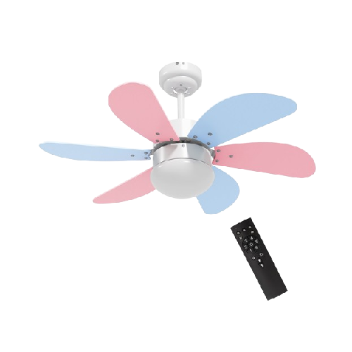 Ventilador de techo azul y rosa con mando y luz
