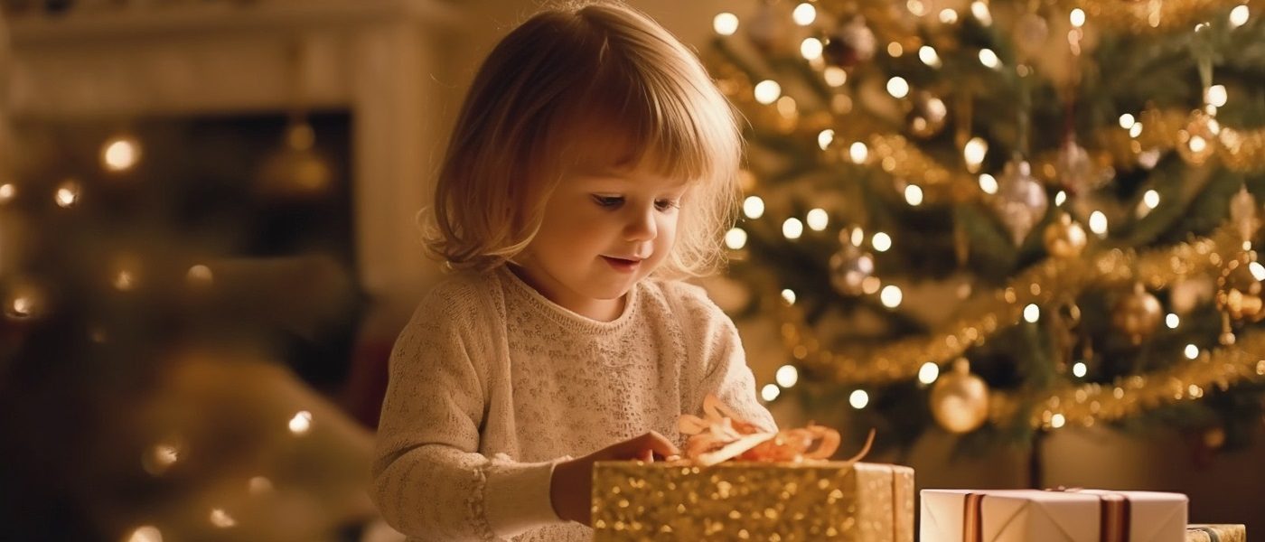 prime plano de una niña con un regalo y árbol de navidad de fondo