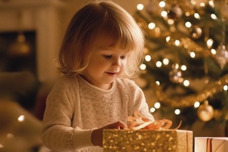 prime plano de una niña con un regalo y árbol de navidad de fondo