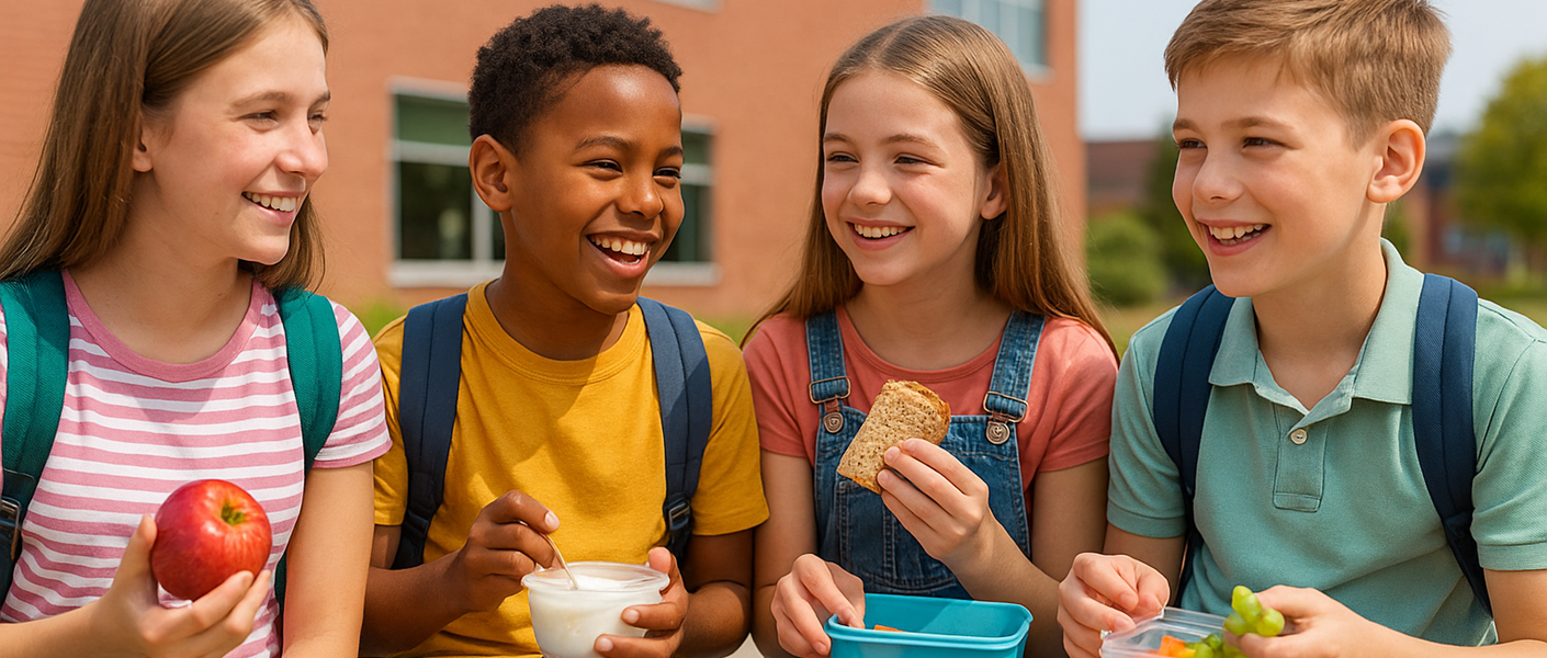 4 niños desayunando en el patio del recreo de la escuela