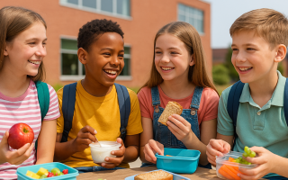 4 niños desayunando en el patio del recreo de la escuela