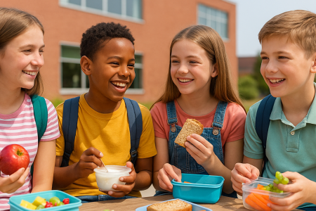 4 niños desayunando en el patio del recreo de la escuela