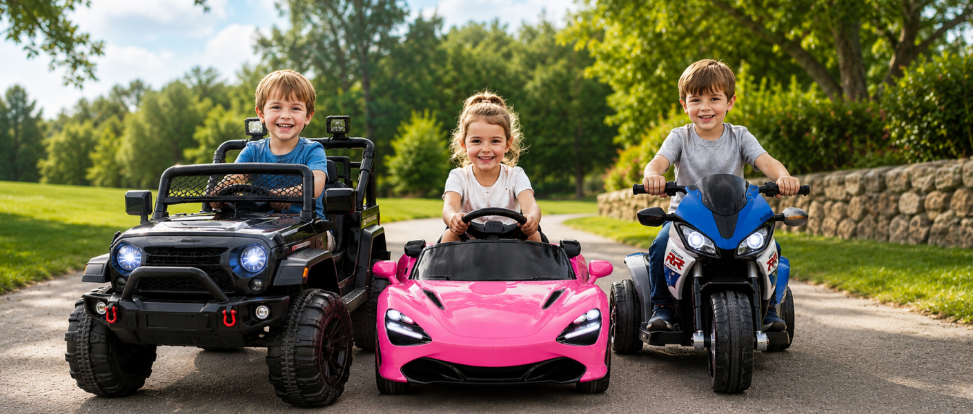 3 niños en sus coches motos elétricos