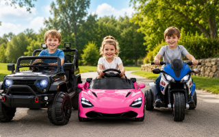 3 niños en sus coches motos elétricos