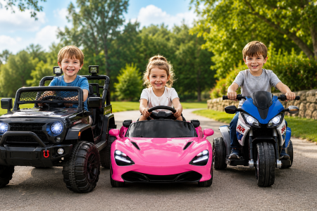 3 niños en sus coches motos elétricos