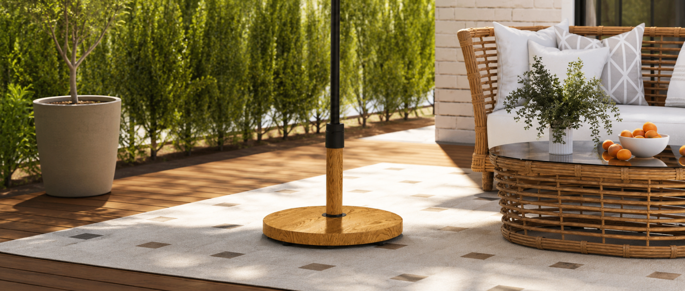 Base redonda estilo madera natural sobre terraza con sofá y mesa de ratán