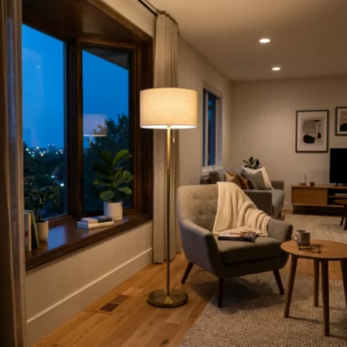 Coloca una lámpara de pie junto a una ventana o un ventanal para sustituir la luz natural