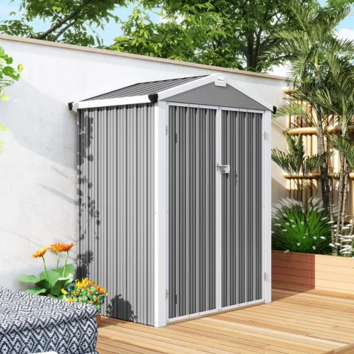 Cobertizo de Jardín 1,1 m² con Techo a Dos Aguas - Cobertizo de jardín 1,1 m² gris con techo a dos aguas y puertas dobles abiertas mostrando interior