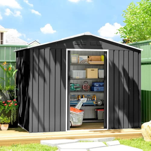 Cobertizo de Jardín 3,6 m² con Puertas Correderas Dobles - Cobertizo de jardín 3,6 m² gris oscuro con puertas correderas dobles abiertas mostrando el