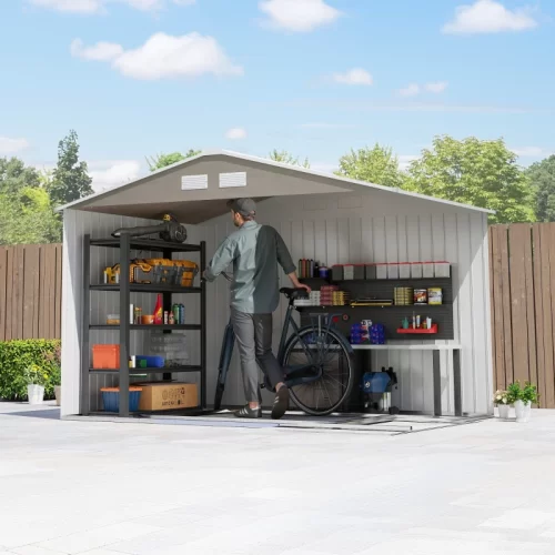 Cobertizo de Jardín 4,9 m² Efecto Madera con 4 Ventanas - Cobertizo de jardín 4,9 m² efecto madera con puertas abiertas, bicicleta y herrami