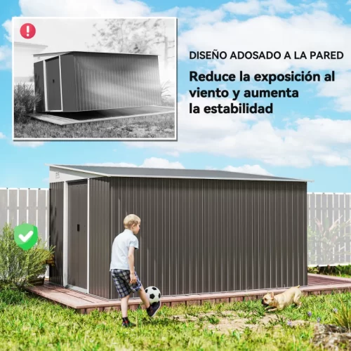 Cobertizo de Jardín 8,9 m² - Cobertizo de jardín 8,9 m² gris con diseño adosado a la pared, niño jugando al fútbol en el jardín, comparativa