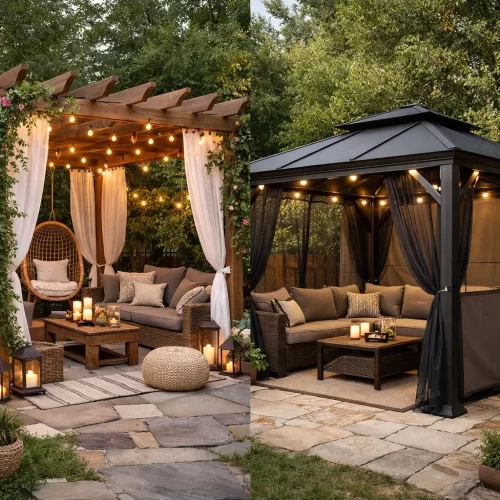 Comparativa de pérgola de madera con cortinas blancas y cenador de aluminio con techo
