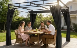 Familia disfrutando bajo una pérgola con cortinas negras en el jardín