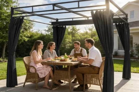 Familia disfrutando bajo una pérgola con cortinas negras en el jardín