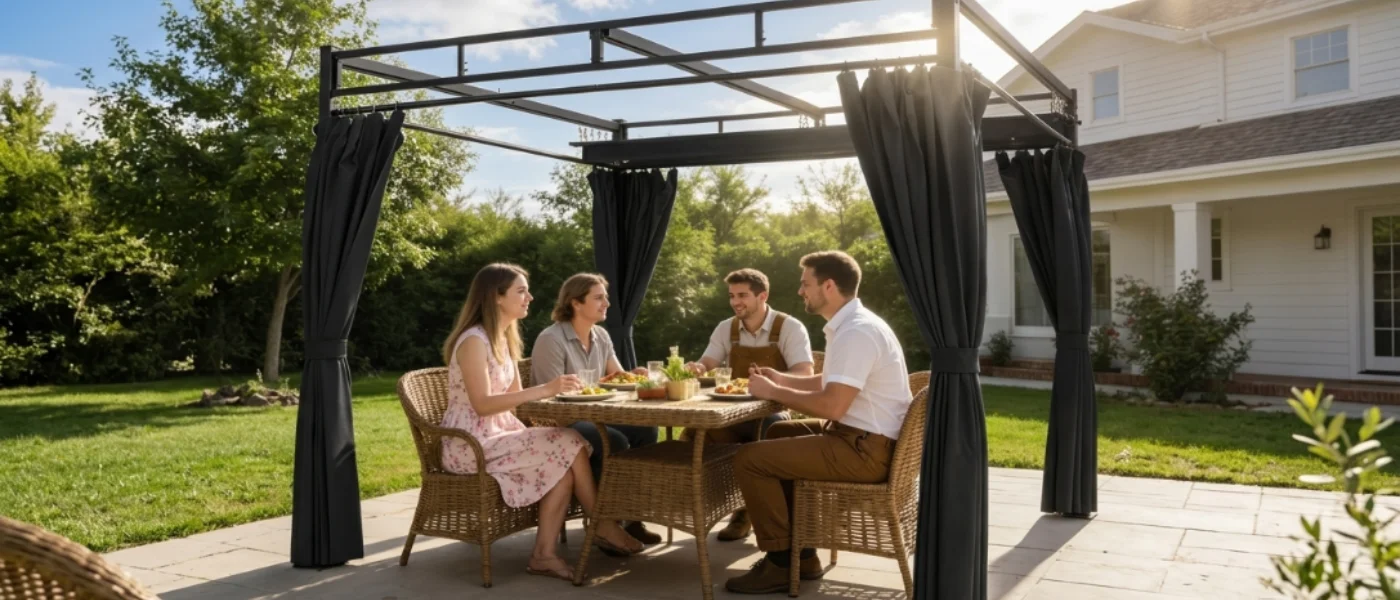 Familia disfrutando bajo una pérgola con cortinas negras en el jardín
