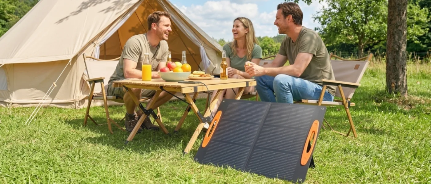 Grupo de amigos disfrutando al aire libre con un panel solar portátil desplegado frente a su carpa