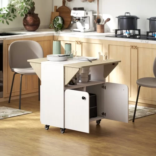 HOMCOM Mesa Plegable Armario con Ruedas - Blanco y Madera Natural
